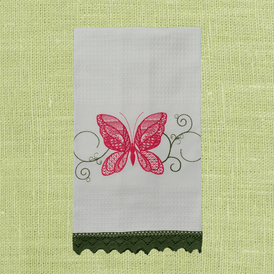 White Kitchen Tea Towel Butterfly with Lace Strip in Dark Green Color