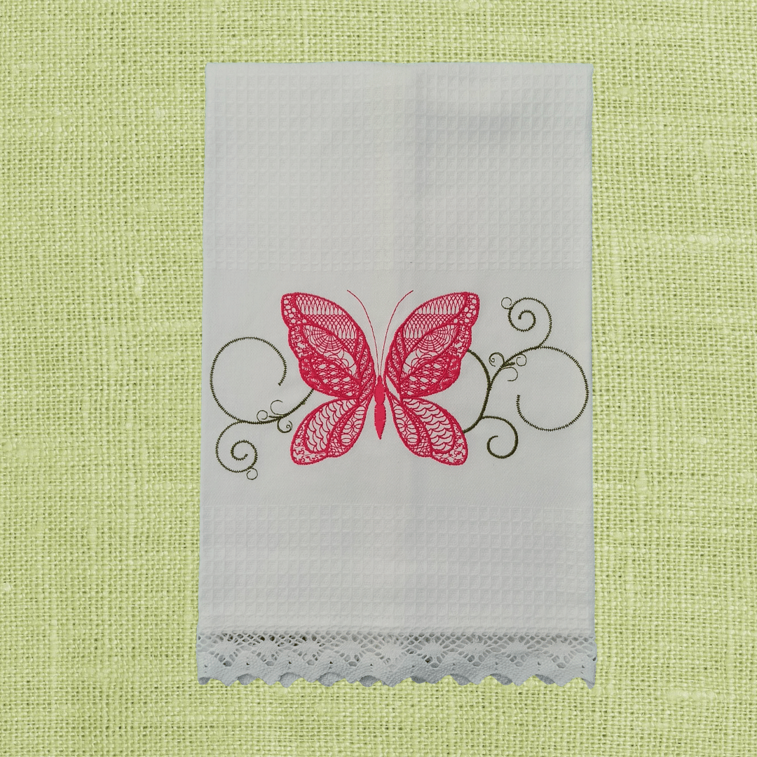 White Kitchen Tea Towel Butterfly with Lace Strip in White Color