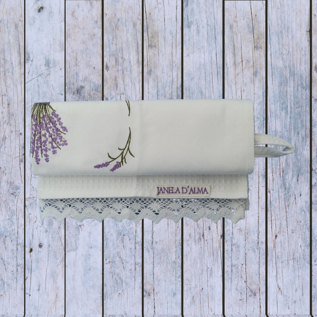 White Kitchen Tea Towel Lavander with Lace Strip - Ring to Hang