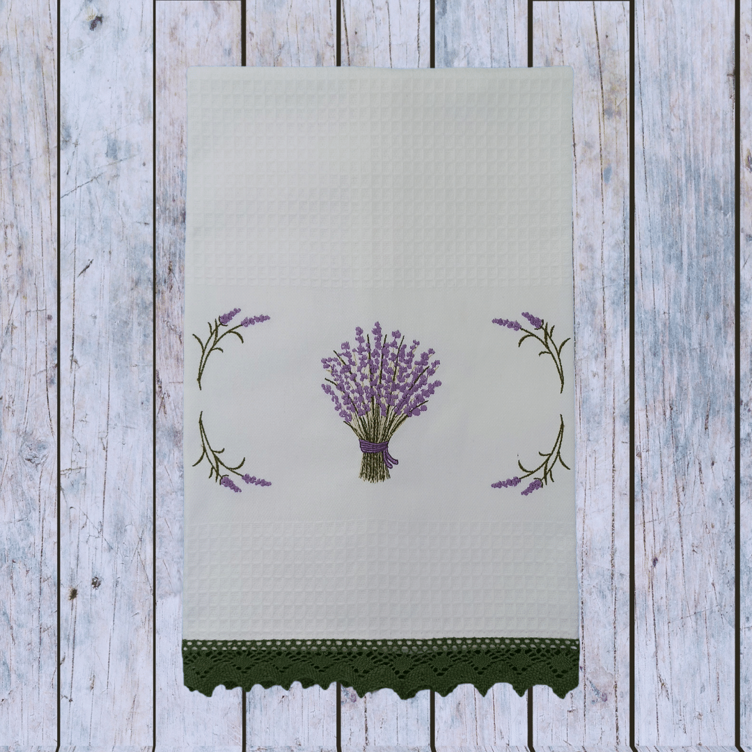 White Kitchen Tea Towel Lavander with Lace Strip in Green Color 