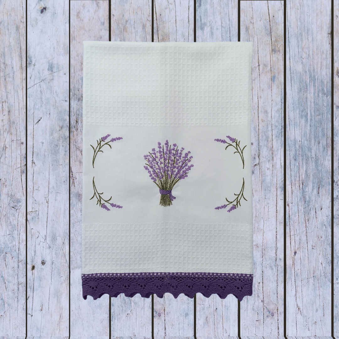 White Kitchen Tea Towel Lavander with Lace Strip in Lilac Color 