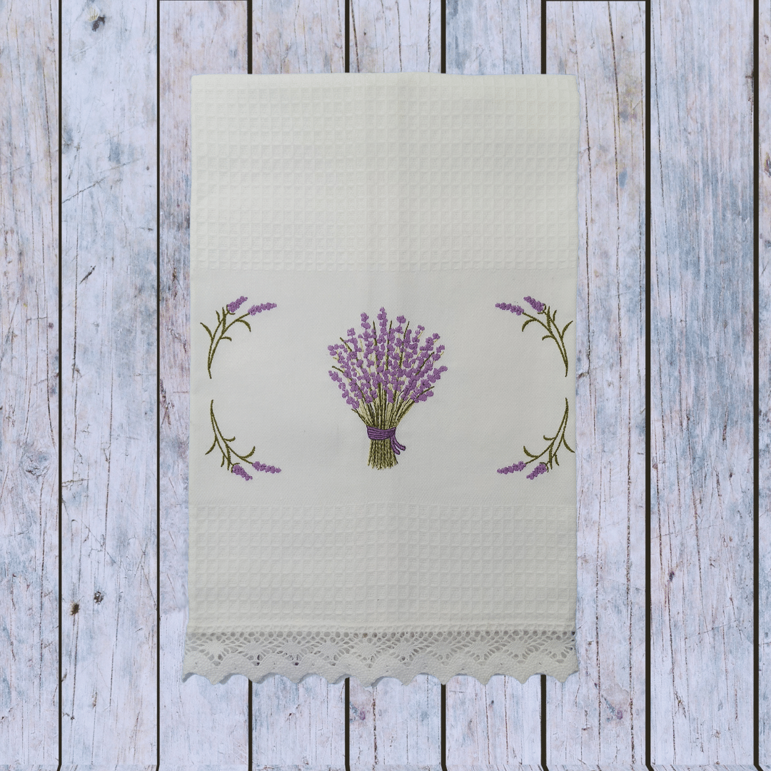 White Kitchen Tea Towel Lavander with Lace Strip in White Color 1