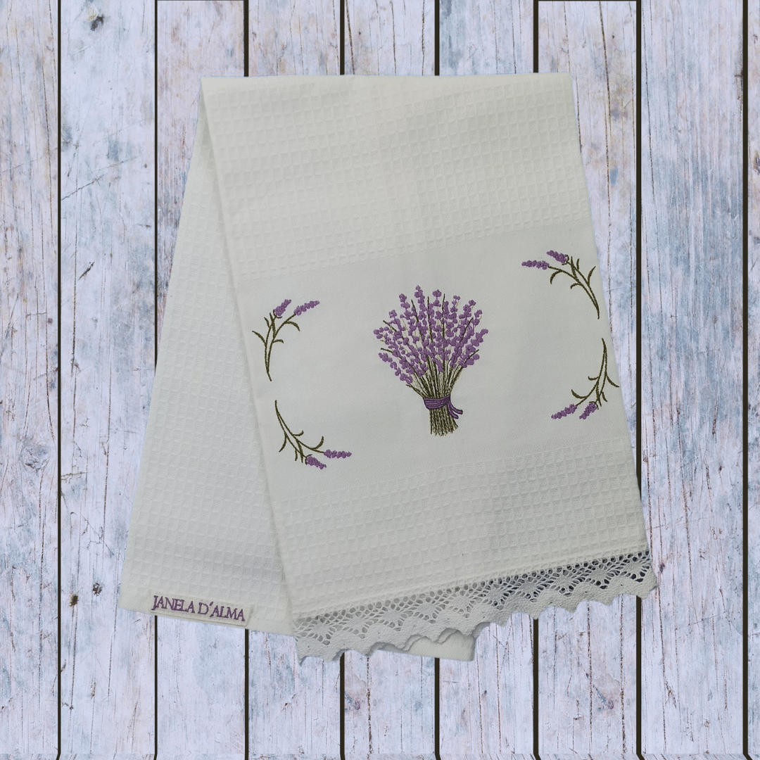 White Kitchen Tea Towel Lavander with Lace Strip in White Color 2