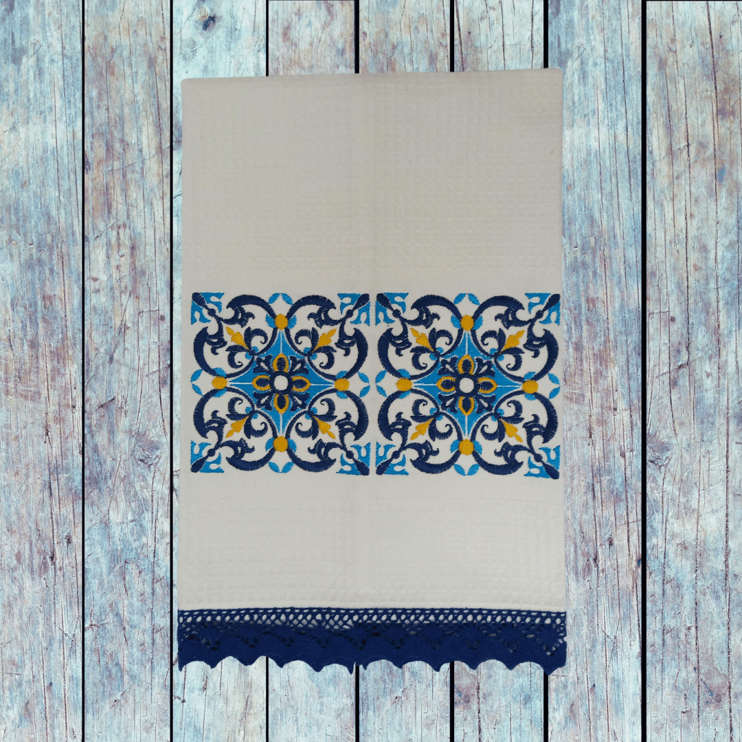 White Kitchen Tea Towel Tile with Lace Strip in Dark Blue Color