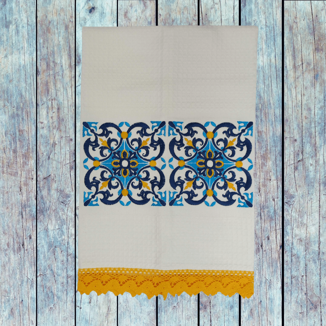 White Kitchen Tea Towel Tile with Lace Strip in Yellow Color