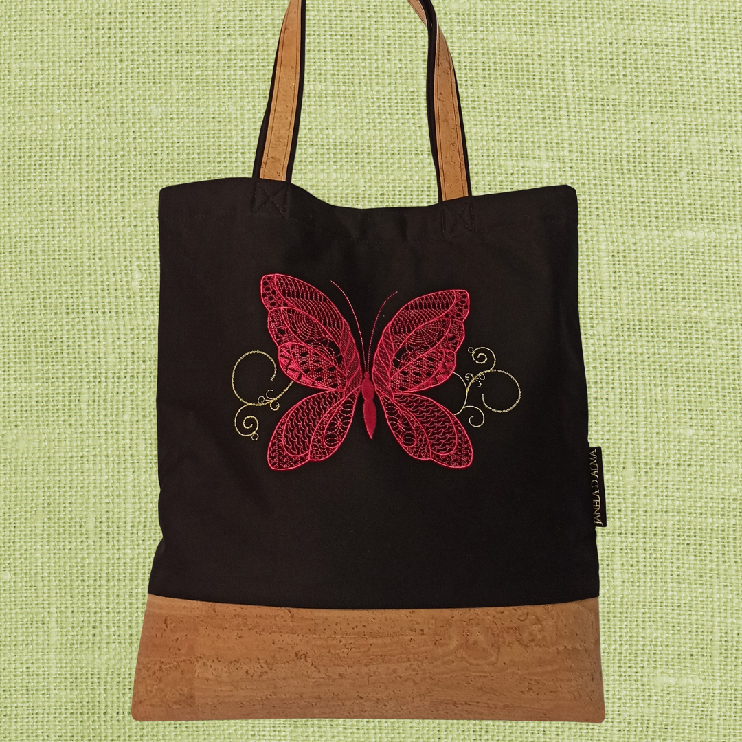 Women Black Shoulder Bag Butterfly Design with Cork Base