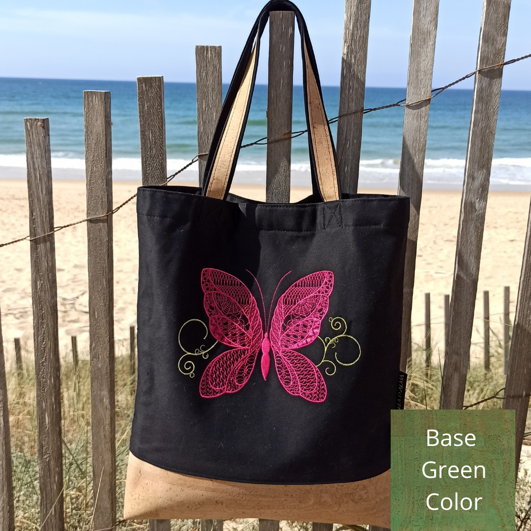 Women Black Shoulder Bag Butterfly with Cork Base in Green Color