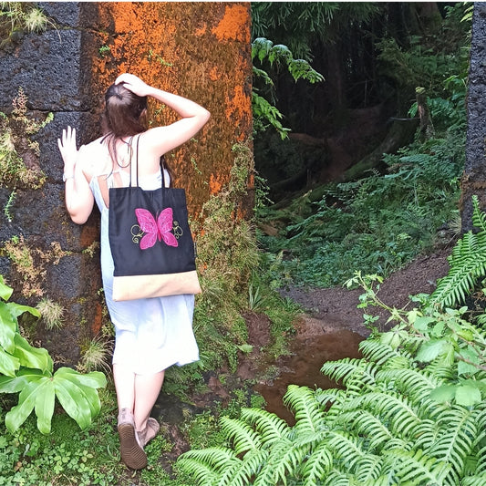 Women Black Shoulder Bag Butterfly Design with Cork Base in Landscape