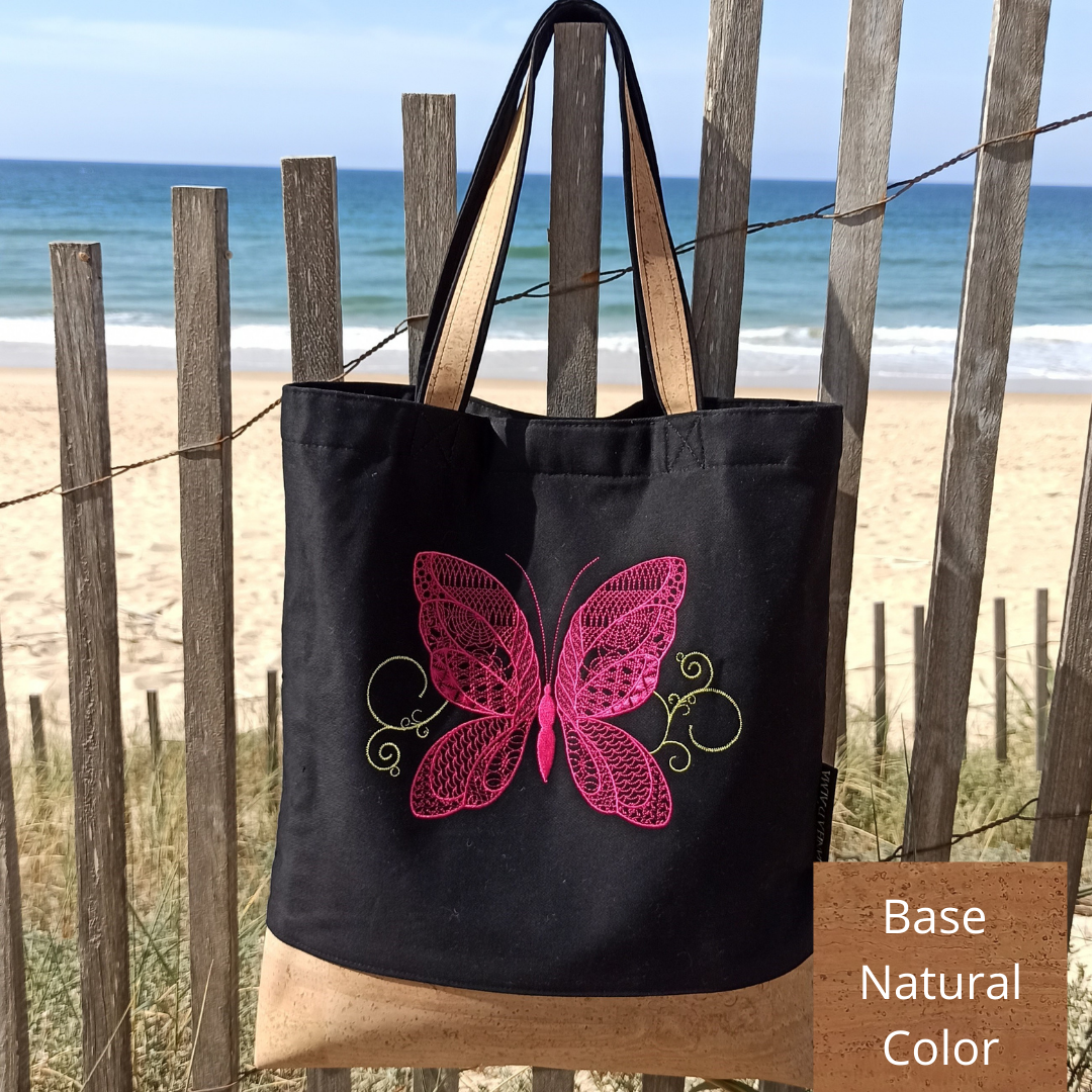 Women Black Shoulder Bag Butterfly with Cork Base in Natural Color