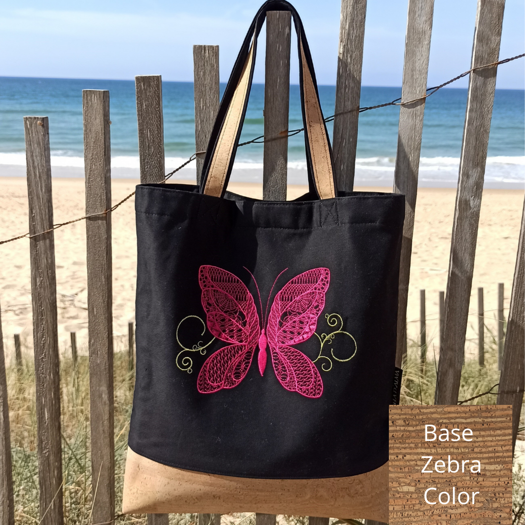 Women Black Shoulder Bag Butterfly with Cork Base in Zebra Color