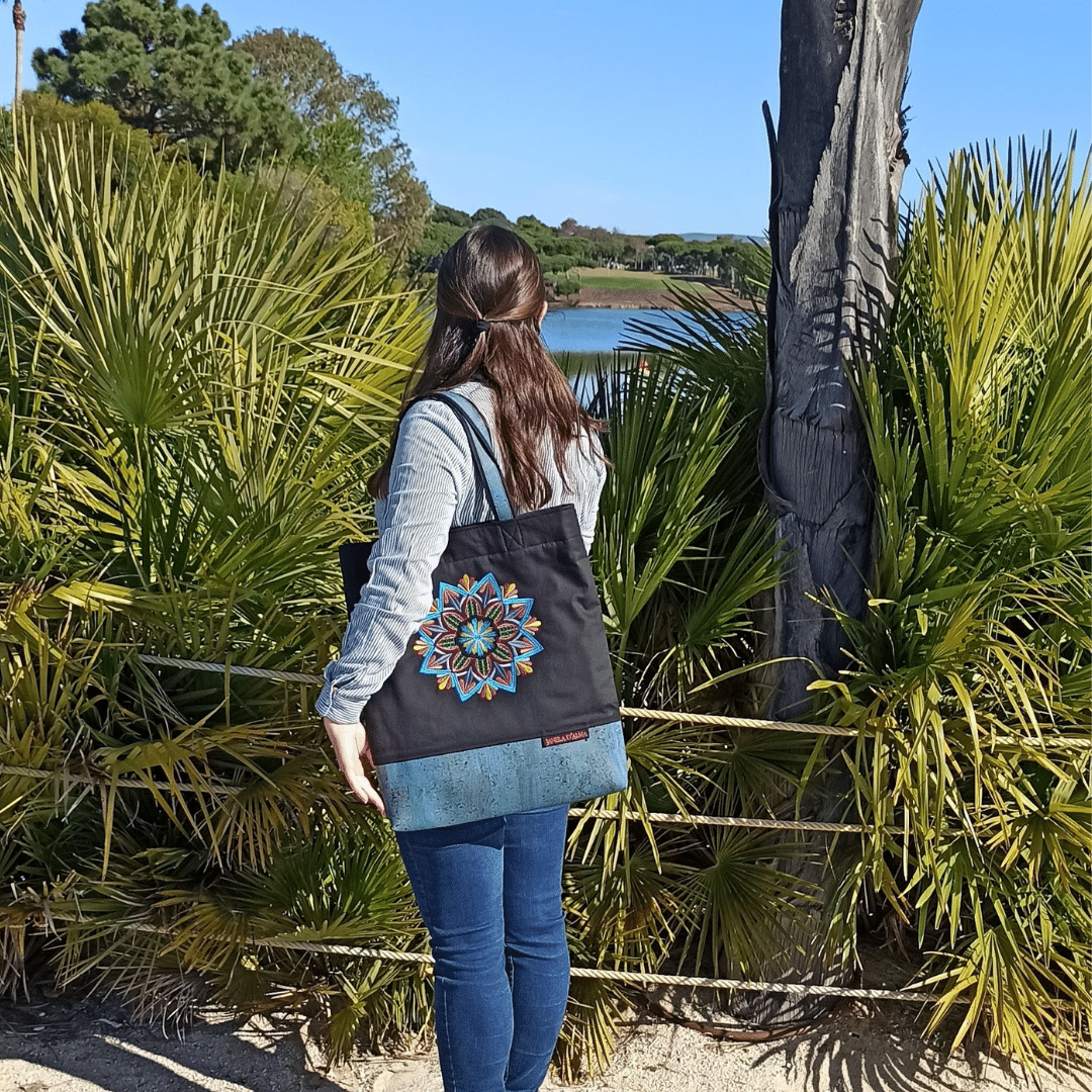 Women Black Shoulder Bag Mandala with Cork Base in Medium Blue Color