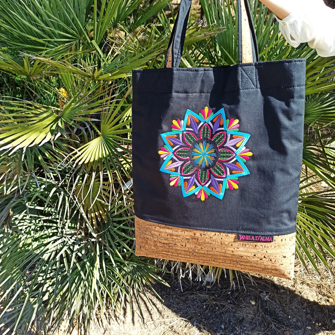 Women Black Shoulder Bag Mandala with Cork Base in Zebra Color