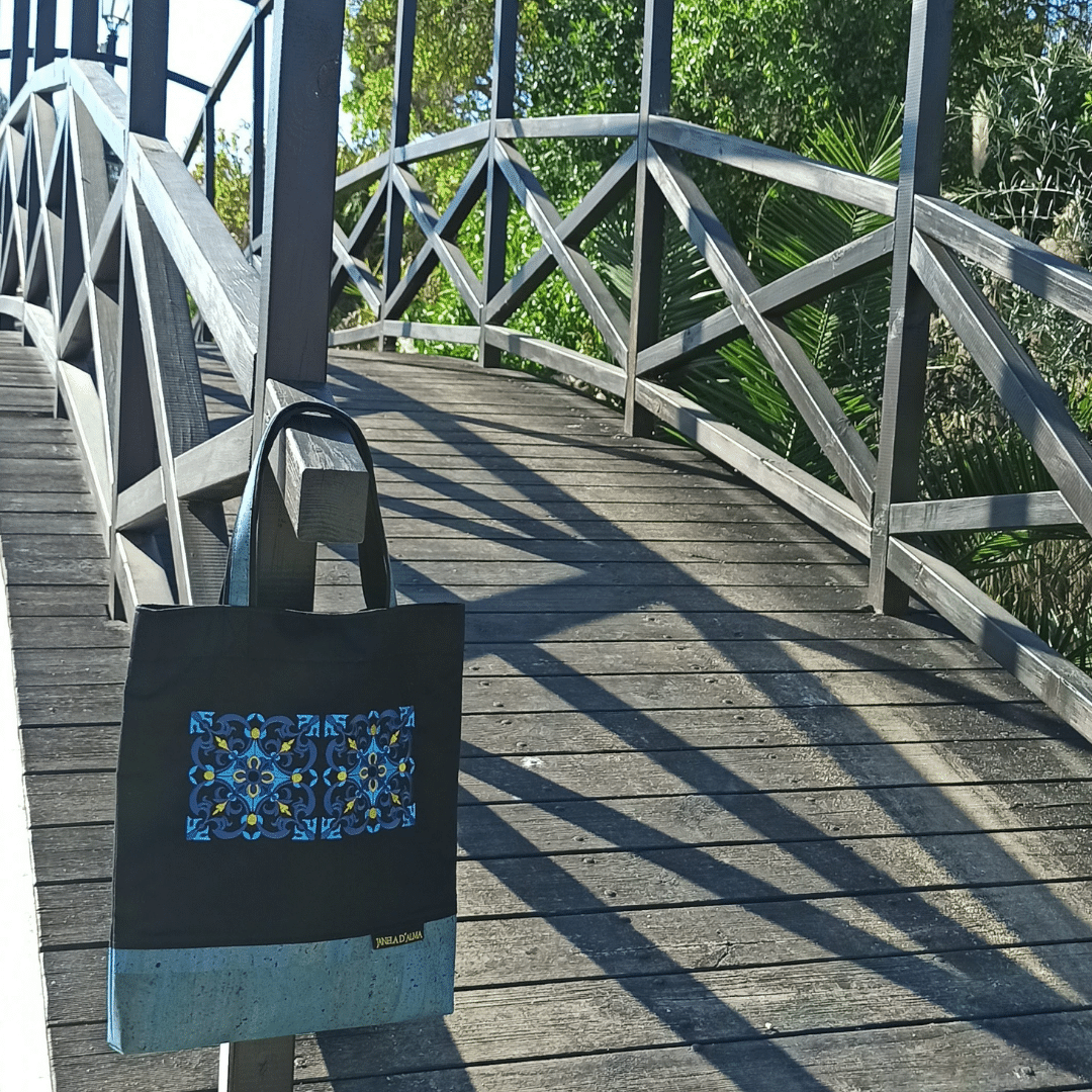 Women Black Shoulder Bag Tile with Cork Base in Medium Blue Color