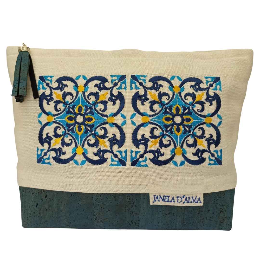 Women Clutch Bag Tile with Cork - Medium Blue Base Cork Color