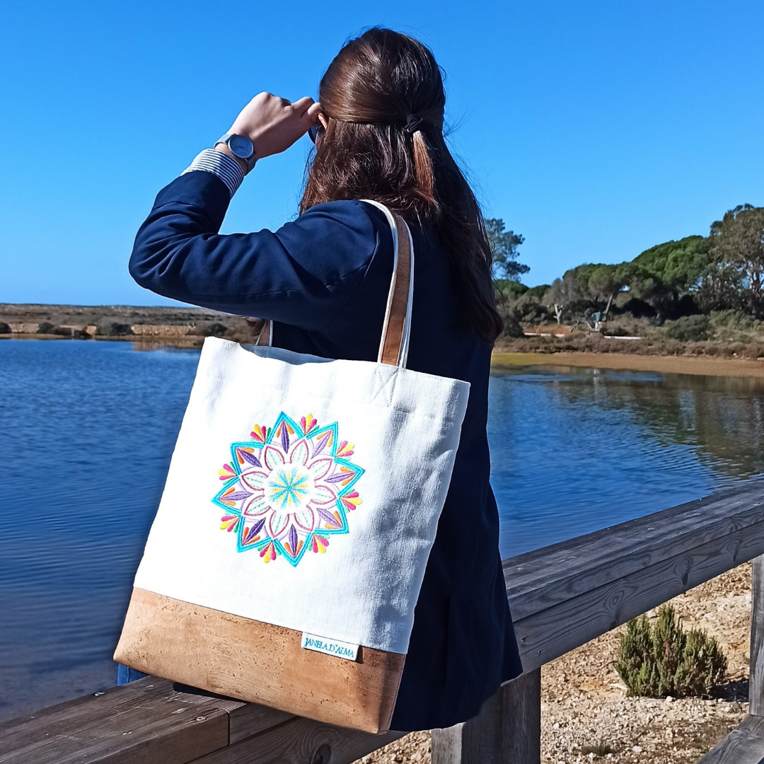 Women White Shoulder Bag Mandala with Cork Base in Natural Color 