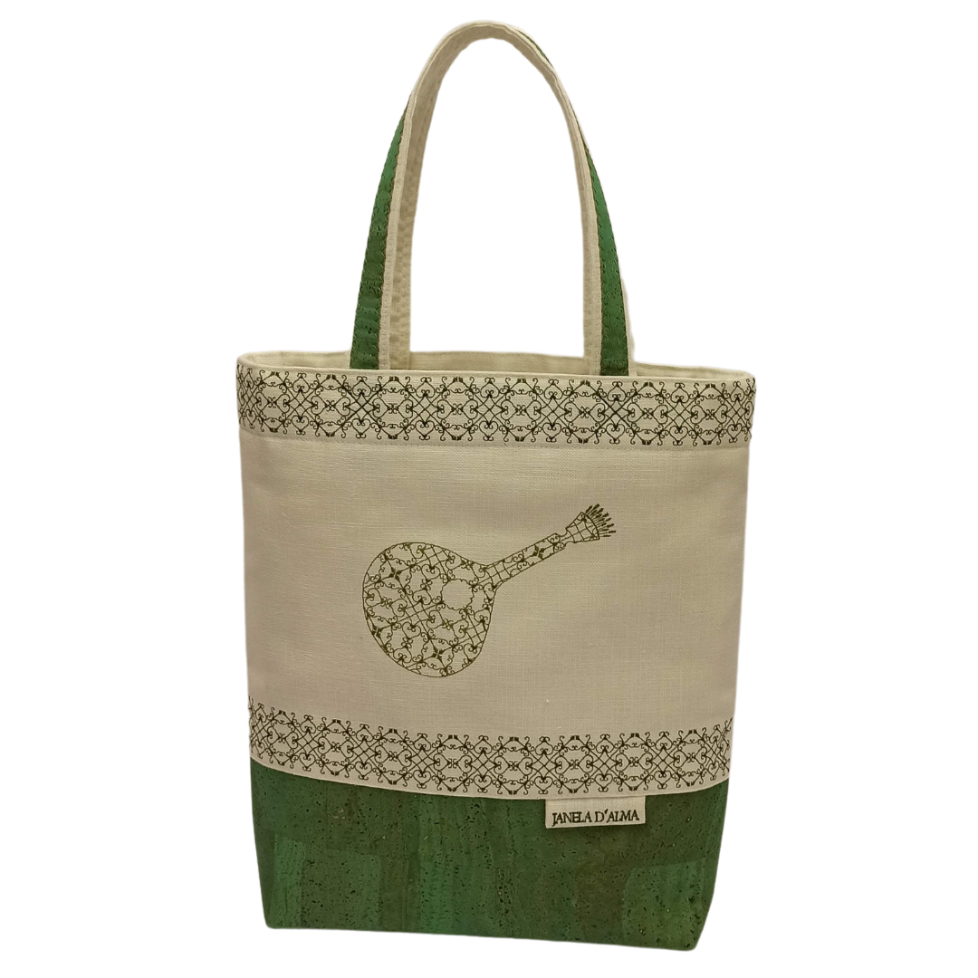 Women White Shoulder Bag Portuguese Guitar in green color - Front of the bag