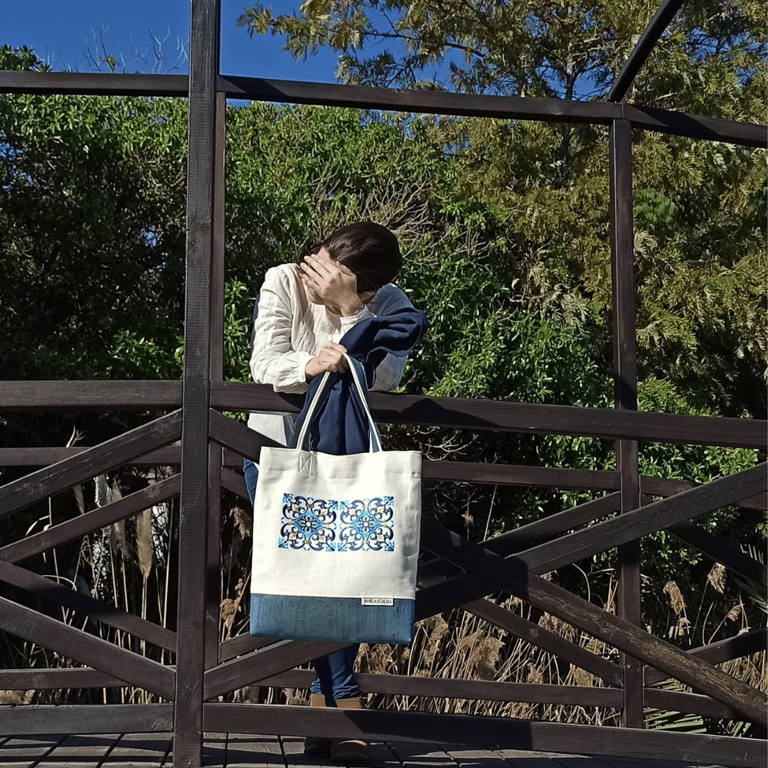 Women White Shoulder Bag Tile with Cork Base  in Medium Blue Color